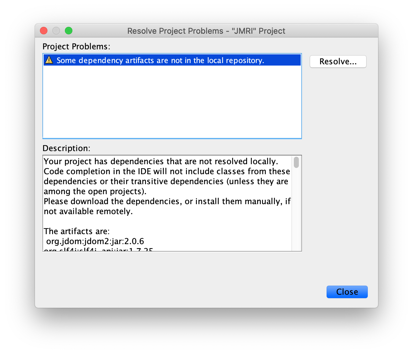Resolve Project Problems dialog