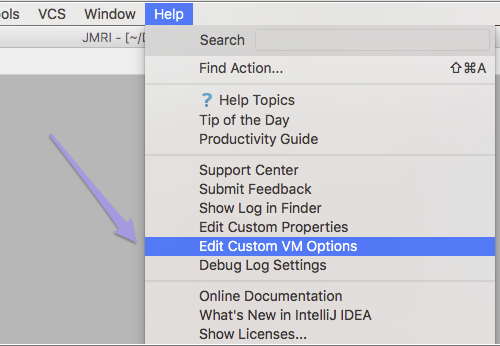 IntelliJ Edit vmoptions menu