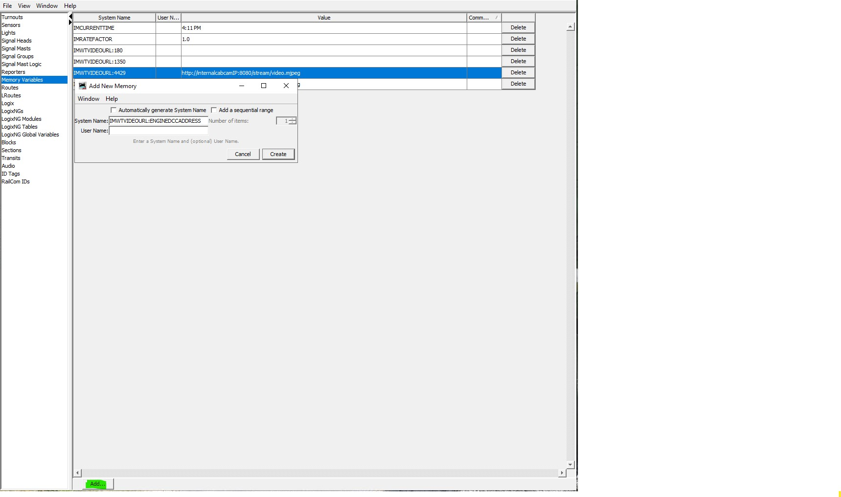 JMRI Memory Variables table