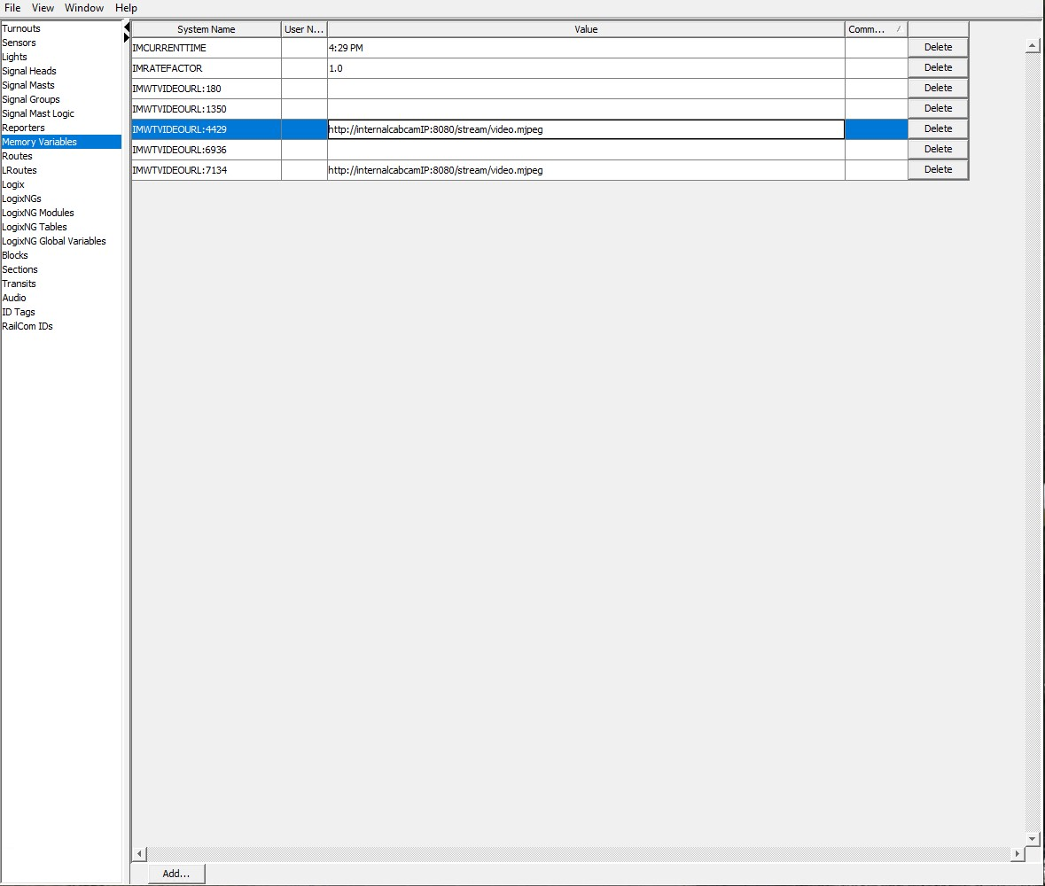 JMRI Memory Variables table with URL