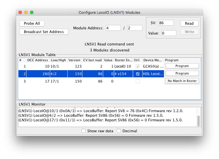 LNSV1 Programming Tool pane with one LNSV1 device selected and a No Match